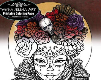 Dalia - Line Art - Day of the Dead - Digital Download - Coloring Page - Myka Jelina - Dia De Muertos - Mictecacihuatl - Sugar Skull - Calaca