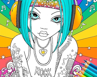 Digital Download Coloring Page Line Art "Rock On" Myka Jelina Retro Fae Music Headphones 60's Art