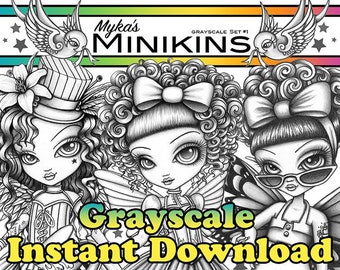 Set 1 - Mykas Minikins Grayscale Digital download - Color Fairy Art - Six page printable coloring book of big eyed fairy girls to colour..