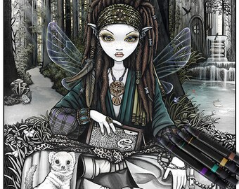 Zoti - Grayscale - Digital Download - Coloring Page - Bohemian - Nature Fairy - Myka Jelina Art - Woodland - Dreadlocks - Forest Fairy