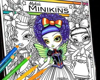 Set 1 - Mykas Minikins Line Art - Premium Loose Leaf Coloring Book - Printed Coloring Set - Child Fairies - Big Eyed Fairy