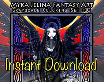 Set 12 - Grayscale Printable Coloring Pages - Myka Jelina Art - Fairy Coloring - Fantasy Coloring Pages - Download - Gothic - Angels