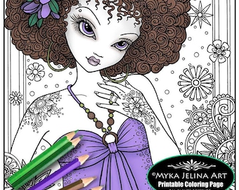 Digital Download Coloring Page "Flower Power" Myka Jelina Art Mandala Hippie Flower Child Zen Bohemian Fairy