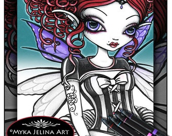 Rosie - Grayscale - Digital Download - Coloring Page - Rose Fairy - Red Haired Fairy - Myka Jelina Art - Rose Tattoo