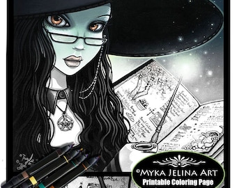 Twyla - Escala de grises - Descarga digital - Dibujo para colorear - Halloween - Myka Jelina Art - Bruja - Samhain - Año Nuevo de la Bruja - Mágico