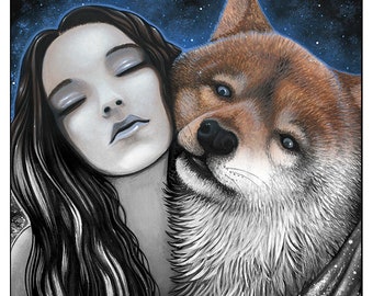 Ani & Shadow - Wolf Familiar - Digital Download - Coloring Page - Myka Jelina Art - Wolf Maiden