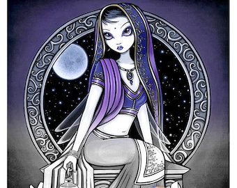 Kami - Grayscale - Digital Download - Coloring Page - Fairy - Myka Jelina Art - Full Moon - Crystals - Hindi Princess