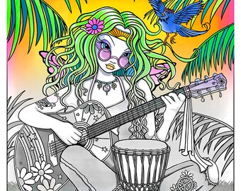 Melody Fairy Grayscale Digital Download Coloring Page Myka Jelina Art Butterfly Rainbow Hippie Music Flower Child