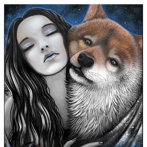 May include: A black and white illustration of a woman with long hair and a wolf. The woman is sleeping with her eyes closed and the wolf is resting its head on her shoulder. The background is a dark blue with white stars.