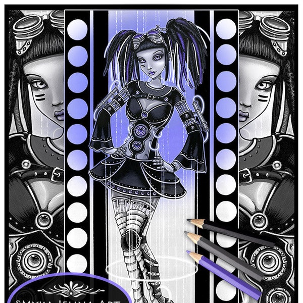 Glitch - Greyscale - Digital Download - Malseite - Cyberpunk - Cybergoth - Myka Jelina Art - Android - Dreadlocks - Roboter Fee