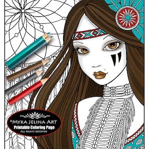 May include: A black and white coloring page featuring a Native American woman with long brown hair, wearing a beaded necklace and a headdress with feathers. The background includes a dreamcatcher design. The text "Myka Jelina Art Printable Coloring Page All Rights Reserved" is at the bottom of the page.