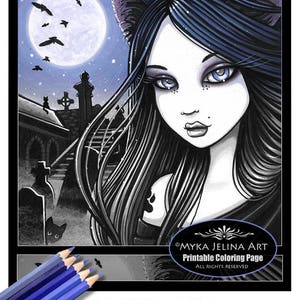 Lila Grayscale Digital Download Coloring Page Halloween Myka Jelina Art Cat Girl Black Cat Graveyard Full Moon Ravens image 1