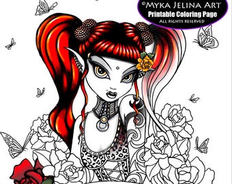 Terra Rose - Gothic Fairy - Digital Download - Coloring Page - Line Art - Myka Jelina - Roses - Believe Fae - Tattoos - Butterflies