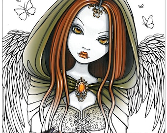 Digital Download Line Art Single Coloring Page "Gwyneth Close Up" Myka Jelina Art Ornate Hooded Angel Victorian Fairy Fantasy