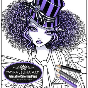 Single Coloring Page Digital Download Line Art Fiona Close Up Myka Jelina Art Steampunk Top Hat Curly Hair Fairy image 1