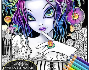 Sweet Tooth - Grayscale - Digital Download - Coloring Page - Candy Fairy- Myka Jelina Art - Cupcakes - Icecream - Lollipops - Fantasy Art