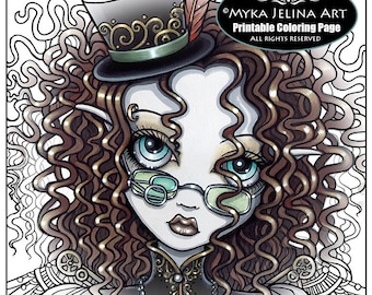 Single Coloring Page Digital Download Line Art "Lucy Close Up" Myka Jelina Art Curly Haired Victorian Steampunk Fairy Angel