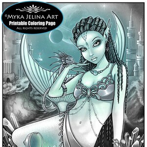 May include: A black and white coloring page featuring a mermaid with a dragon, crystals, and a chest. The mermaid has long, braided hair and is wearing a silver bra and a skirt. The dragon is small and perched on her shoulder. The text "MYKA JELINA ART Printable Coloring Page ALL RIGHTS RESERVED" is at the top of the page.
