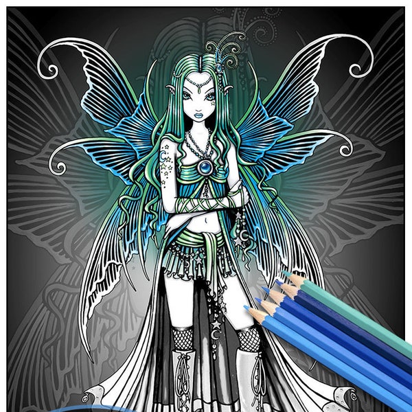 Zoe - Grayscale - Digital Download - Coloring Page - Celestial Fairy - Cybergoth - Myka Jelina Art - Tattoo Fairy - Moon & Stars Fairy