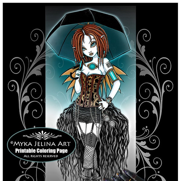 Samara - Grayscale - Digital Download - Coloring Page - Cyberpunk - Cybergoth - Myka Jelina Art - Android - Dreadlocks - Steampunk