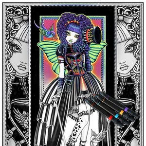 Juxtapose - Grayscale - Digital Download - Coloring Page - Butterfly Fairy - Myka Jelina Art - Gothic Victorian - Couture Faerie - Steampunk