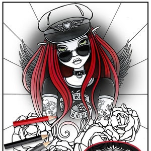 Art en ligne Harley Coloriage Page numérique Télécharger Biker ange de tatouage fée Roses