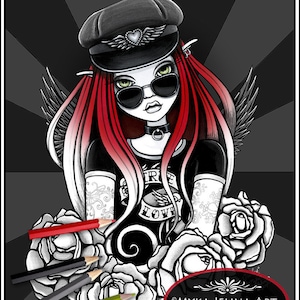 Harley Grayscale Digital Download Coloring Page Biker Chic Myka Jelina Art Tattoo Angel Roses Fantasy Art image 1