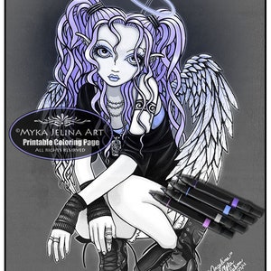 Angelina - Grayscale - Digital Download - Coloring Page - Gothic Angel - Myka Jelina Art - Angel Art - Fantasy Art - Combat Boots