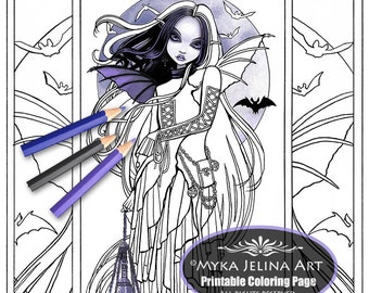 Morgan - Gothic Fairy - Vampire Art - Digital Download - Coloring Page - Line Art - Myka Jelina Art -  Big Eyed - Moon Bat