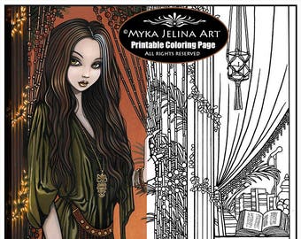 Rhianon - Bohemian Girl - Fairy Art - Digital Download - Coloring Page - Line Art - Myka Jelina Art - Coffee House - Hippie Art