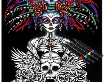 May include: A black and white printable coloring page featuring a Day of the Dead sugar skull with a feathered headdress, roses, and wings. The image is titled "Myka Jelina Art Printable Coloring Page" with the text "All Rights Reserved".