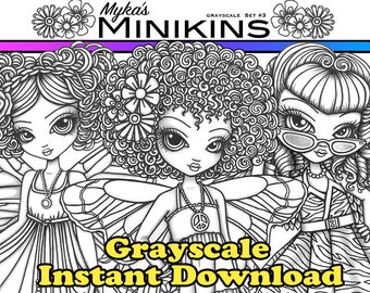 Set 1 Mykas Minikins Grayscale Premium Loose Leaf Coloring Book Printed Coloring  Set Child Fairies Big Eyed Fairy 