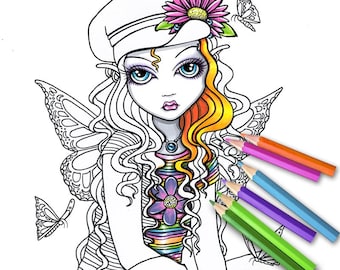 Sunny Fairy Digital Download Coloring Page Line Art Myka Jelina Art Butterfly Rainbow Cutie Flower Child