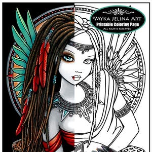 Zaria - Tribal Goddess - Fantasy Art - Digital Download - Coloring Page
