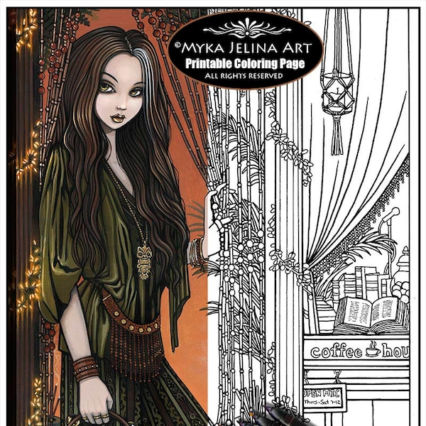 Rhianon - Bohemian Girl - Fairy Art - Digital Download - Coloring Page - Line Art - Myka Jelina Art - Coffee House - Hippie Art