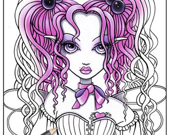 Maegan Close Up Digital Download Line Art Single Coloring Page Myka Jelina Art Gothic Couture Fairy Pigtails