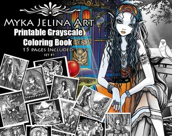 Set 1 - Grayscale Printable Coloring Pages - Myka Jelina Art - Fairy Coloring Book - Fantasy Coloring Pages - Download - 15 pages