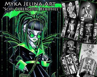 Set 5 - Grayscale Printable Coloring Book - Myka Jelina Art - Sci fi - Cyber Goth - Digital Download - Androids - 10 Pages - Fairy Art