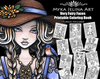 Line Art Set 11 Printable Coloring Book Myka Jelina Art Fairy Faces Pages Instant Digital Download 15 Pages