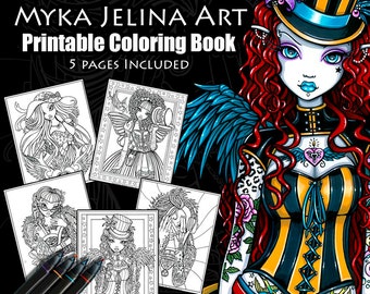 Set 1 - Coloring Book - Myka Jelina Art - Fairy Coloring Book - Fantasy Coloring Pages - Digital Download - 5 Pages - Line Work