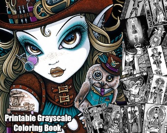 Set 4 - Grayscale Printable Coloring Pages - Steampunk Beauties - Myka Jelina - Fairy Coloring Book - Coloring Pages - 15 Pages - Instant