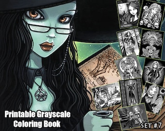 Grayscale Set 7 - Coloring Set - Instant Download - Gothic Fairy - Cat Girl - Day of the Dead - Adult Colouring - Witch - Skulls - Vampires