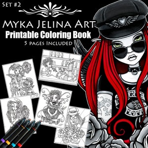 Set 2 - Printable Coloring Book - Myka Jelina Art - Fantasy Coloring Pages - Digital Download - 5 Pages - Line Work