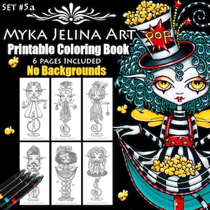 May include: A printable colouring book with six pages featuring black and white illustrations of whimsical characters with elaborate hairstyles and outfits. The cover features a colourful illustration of a character with a popcorn hat and a striped dress.
