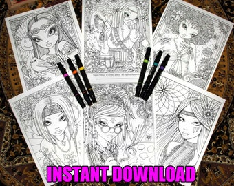 6 Pages - Set 10 - Printable Coloring Pages - Hippie - Fairy - Bohemian - Native American - Coloring Download - Myka Jelina