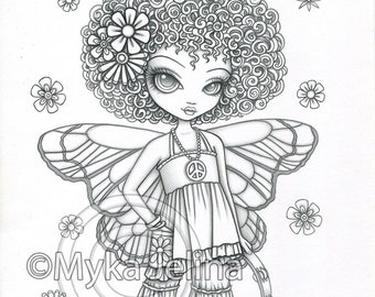 Minikin Flower Power Original Myka Jelina Pencil Drawing Minikins Series Bohemian Butterfly Hippie Fairy