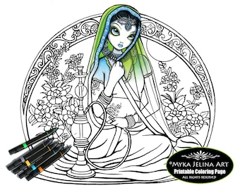 Azura - Line Art  - Instant Download - Coloring Page For Adults - Printable Coloring Page - Myka Jelina Art - Fairy Art - Hindi Art - Hookah