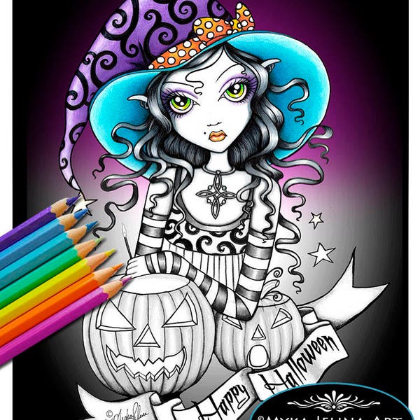 Lisa - Grayscale - Digital Download - Coloring Page - Halloween - Myka Jelina Art - Witch - Pumpkins - Witch's New Year - Magical