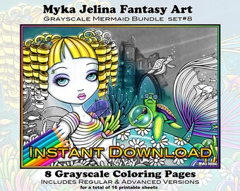 Grayscale Set 8 - Mermaids - Printable Coloring Book - Myka Jelina Art - Fairy Coloring Book - Instant Download - Siren Art - Sea Scape
