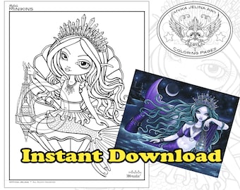 Minikin Meridia Line Art - Instant Download - Coloring Page - Mermaid Child - Children Art - Big Eyed Fairy - Shell - Lantern - Princess